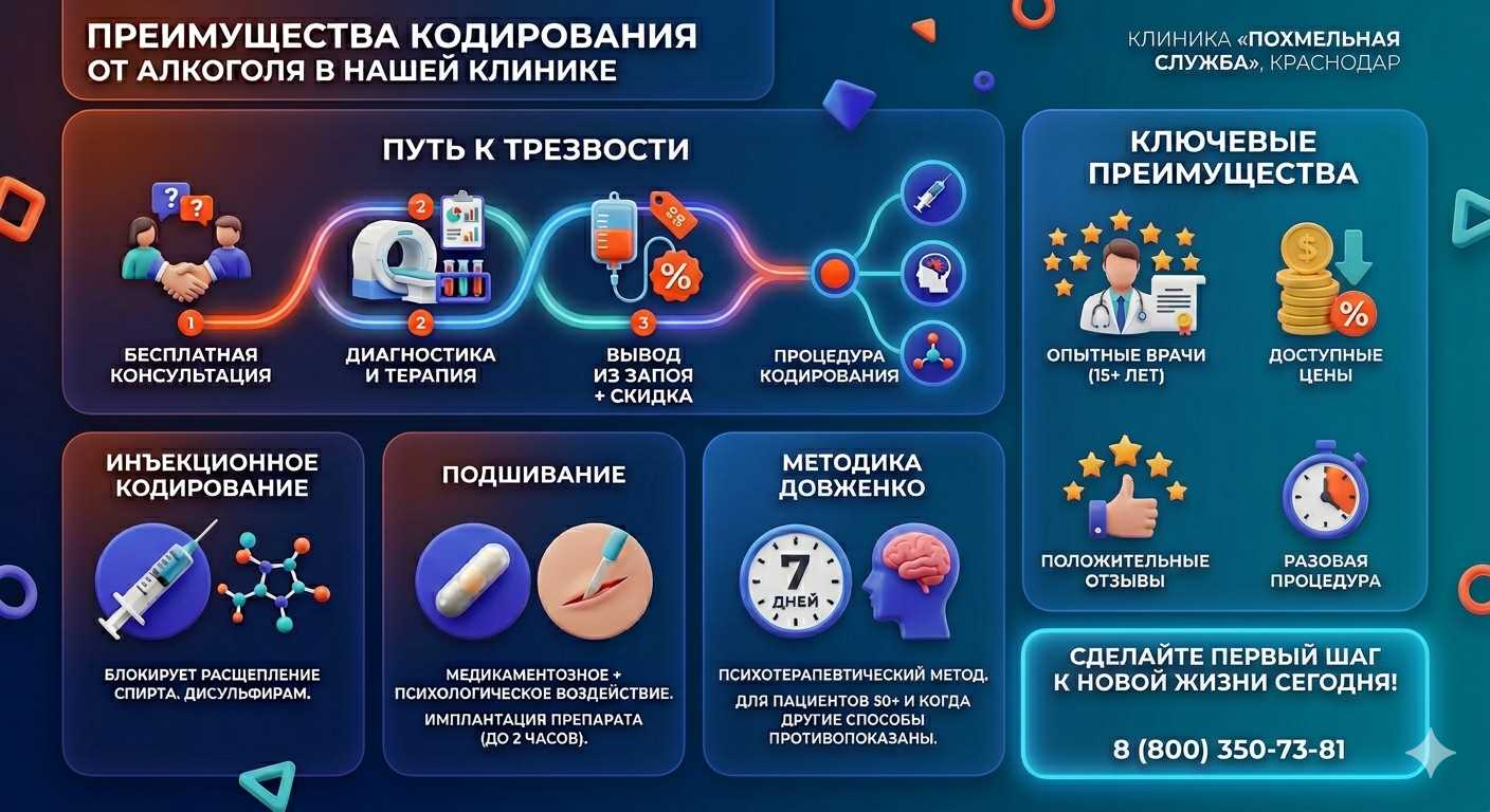 Инфографика о методах кодирования от алкоголя в Шамхале: инъекции, подшивание, метод Довженко. Преимущества клиники и этапы лечения.